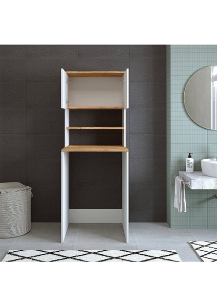 T Designo Banyo Dolabı-Çok Amaçlı-Çamaşır Makinesi Dolabı Kapaklı Beyaz