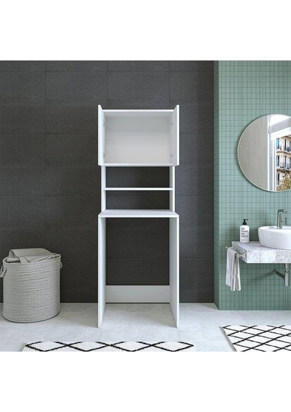 T Designo Umay Banyo Dolabı-Çok Amaçlı-Çamaşır Makinesi Dolabı Kapaklı Beyaz