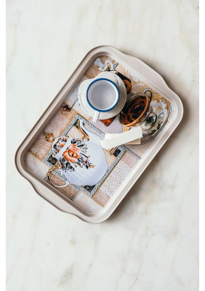 Klasik Çay Saati Temalı Küçük Boy Dekoratif Metal Tepsi 25 cm