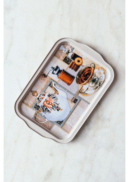 Klasik Çay Saati Temalı Küçük Boy Dekoratif Metal Tepsi 25 cm fiyatları