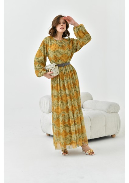 Kadın Desenli Tül Elbise Asit 30763