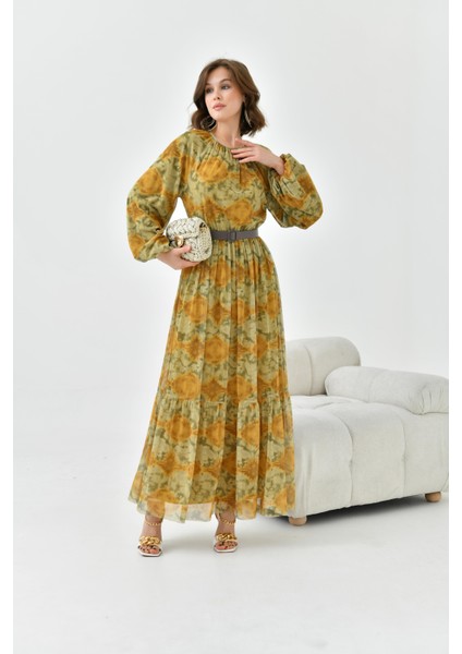 Kadın Desenli Tül Elbise Asit 30763