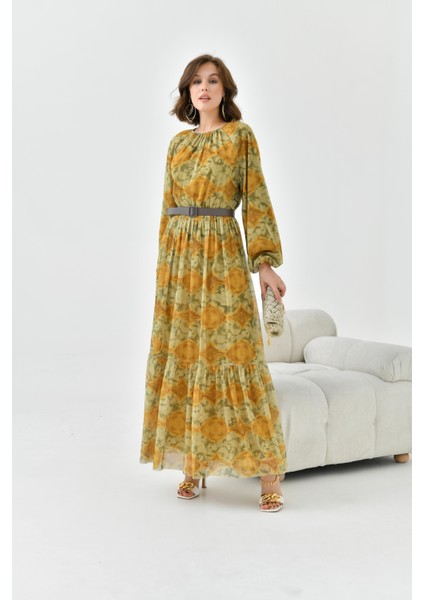 Kadın Desenli Tül Elbise Asit 30763