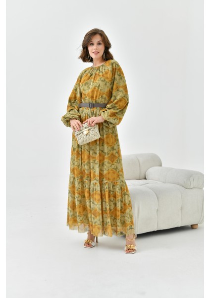 Kadın Desenli Tül Elbise Asit 30763