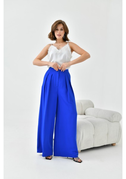 Kadın Lastikli Pleli Pantolon Saks Mavi 30762