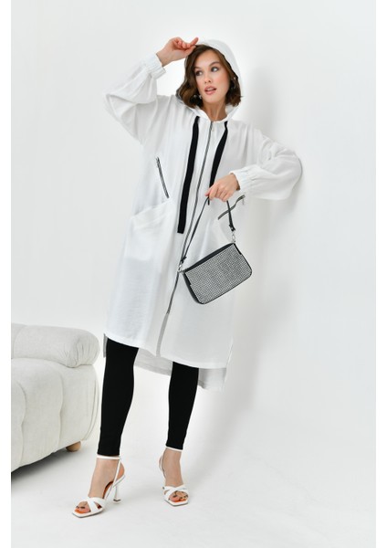Kadın Fermuarlı Kapişonlu Kap Ekru 30754