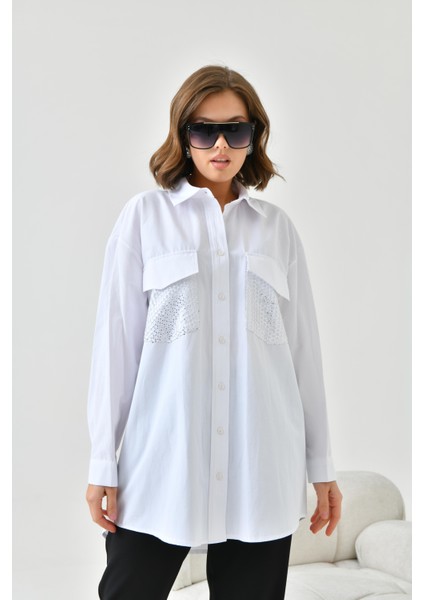 Kadın File Cepli Poplin Gömlek Ekru 30768 indirimleri