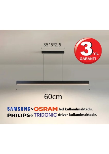 Linear Lineer 60cm Siyah Kasa Beyaz Işık 6500K Ledli Sarkıt Modern Led Avize, Salon, Mutfak, Masa Üstü Avize