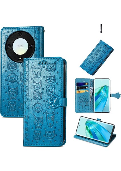 Huawei Onur X9A Karikatür Hayvanlar Için Kısa Kayış Deri Flip Telefon Kılıfı (Yurt Dışından)