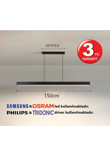 Linear Lineer 150cm Siyah Kasa Gün Işık 3000K Ledli Sarkıt Modern Led Avize, Salon, Mutfak, Masa Üstü Avize