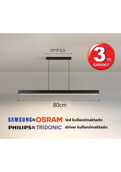 Linear Lineer 80cm Siyah Kasa Gün Işık 3000K Ledli Sarkıt Modern Led Avize, Salon, Mutfak, Masa Üstü Avize