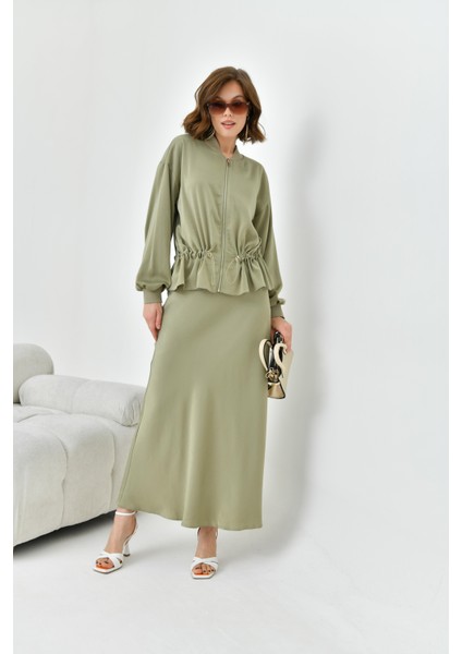 Kadın Büzgülü Ceketli Etekli Takım Çağla 30725