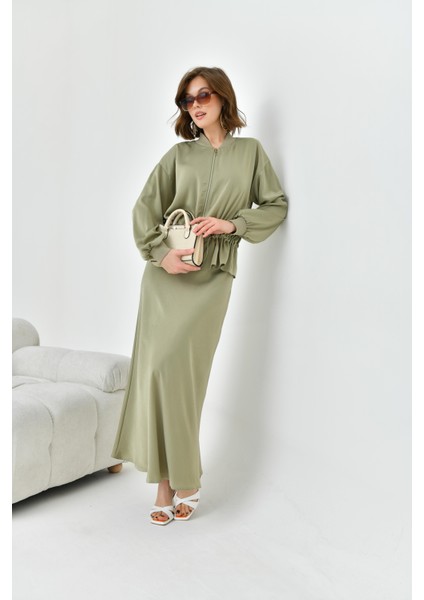 Kadın Büzgülü Ceketli Etekli Takım Çağla 30725 modelleri