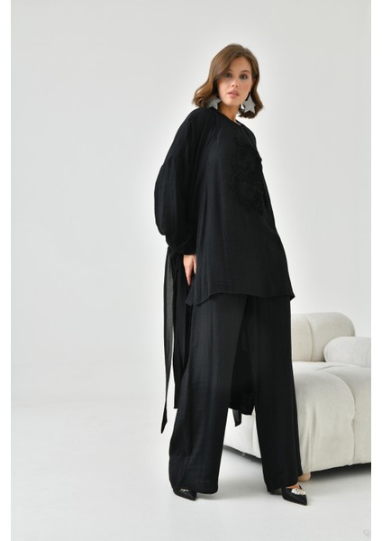 Kadın Nakışlı 3'lü Keten Takım Siyah 30760 fiyatları