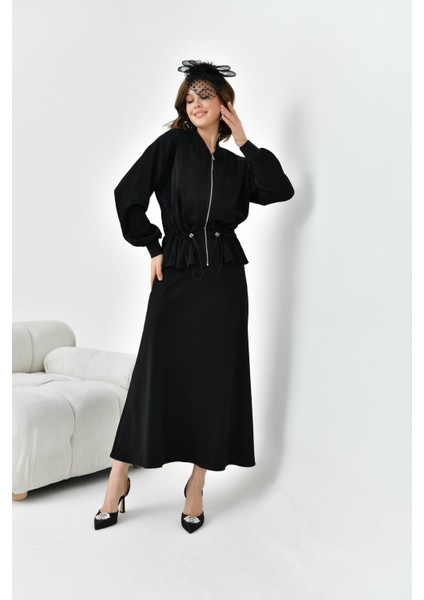 Kadın Büzgülü Ceketli Etekli Takım Siyah 30725