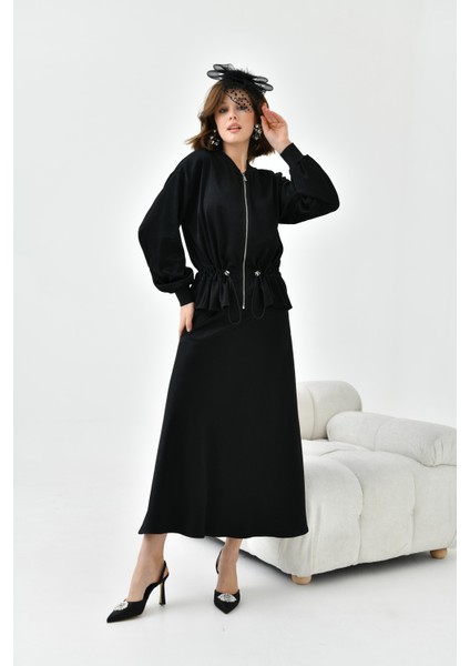 Kadın Büzgülü Ceketli Etekli Takım Siyah 30725 modelleri