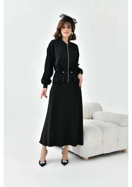 Kadın Büzgülü Ceketli Etekli Takım Siyah 30725 fırsatları