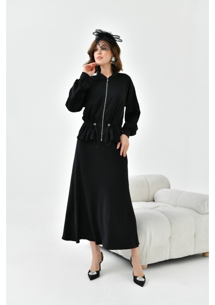 Kadın Büzgülü Ceketli Etekli Takım Siyah 30725 indirimleri