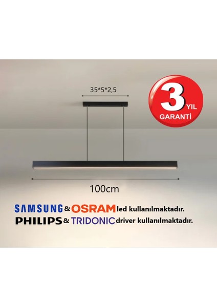 Linear Lineer 100cm Siyah Kasa Gün Işık 3000K Ledli Sarkıt Modern Led Avize, Salon, Mutfak, Masa Üstü Avize