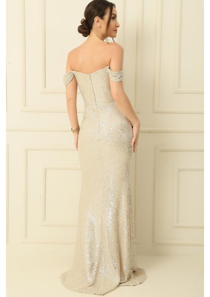 Kalın Askılı Astarlı Önü Büzgülü Pulpayet Uzun Elbise fırsatları