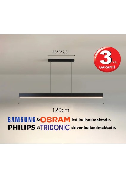 Linear Lineer 120cm Siyah Kasa Gün Işık 3000K Ledli Sarkıt Modern Led Avize, Salon, Mutfak, Masa Üstü Avize