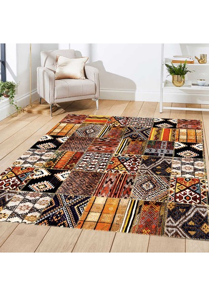 Patchwork Kırkyama Otantik Kilim Desenli Dijital Baskılı Halı Kaydırmaz Tabanlı Yıkanabilir Halı