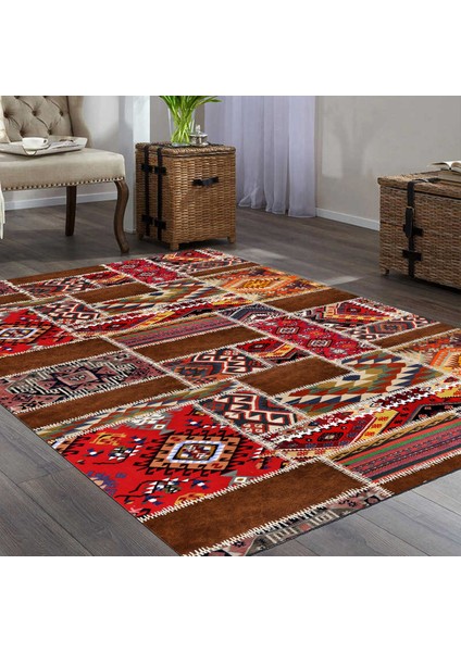 Patchwork Kırkyama Otantik Kilim Desenli Dijital Baskılı Halı Kaydırmaz Tabanlı Yıkanabilir Halı