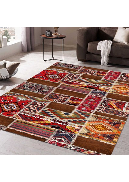 Patchwork Kırkyama Otantik Kilim Desenli Dijital Baskılı Halı Kaydırmaz Tabanlı Yıkanabilir Halı