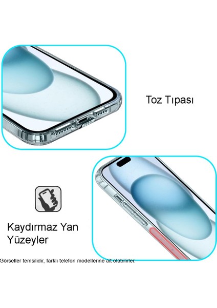 Caseworld Apple iPhone 15 Plus Kapak Kamera Korumalı Tıpalı Şeffaf Silikon Kılıf modelleri