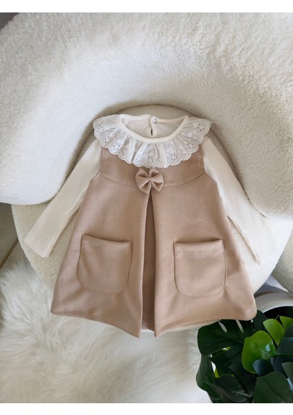 Yaka Güpürlü Süet Kız Çocuk Cepli takım - Bej