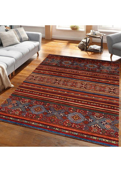 Klasik Afgan Türkmen Otantik Kilim Desenli Dijital Baskılı Halı Kaydırmaz Tabanlı Yıkanabilir Halı