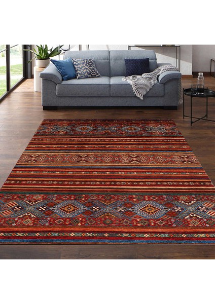 Klasik Afgan Türkmen Otantik Kilim Desenli Dijital Baskılı Halı Kaydırmaz Tabanlı Yıkanabilir Halı
