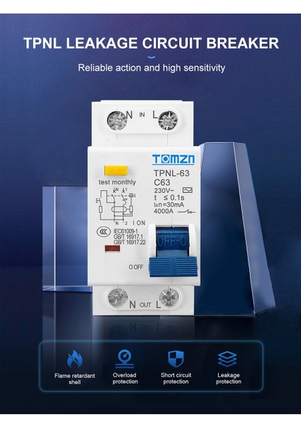 Tomzn Tpnl Dpnl 230V 1p+N Aşırı ve Kısa Akım Korumalı Kaçak Akım Devre Kesici Rcbo Mcb, Tpnl 63A (Yurt Dışından)