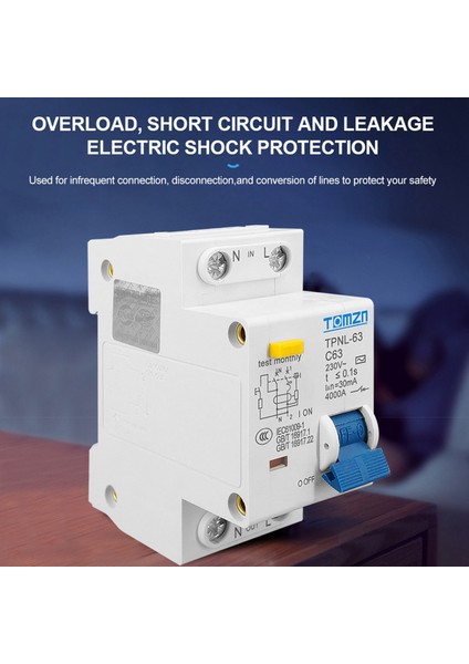 Tomzn Tpnl Dpnl 230V 1p+N Aşırı ve Kısa Akım Korumalı Kaçak Akım Devre Kesici Rcbo Mcb, Tpnl 63A (Yurt Dışından)