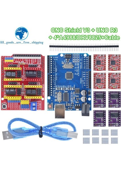 Tzt Cnc Kalkanı V3 Oyma Makinesi 3D Baskı + 4 Adet DRV8825 Veya A4988 Sürücü Genişletme Kartı Arduino + Uno R3 USB Kablosu ile (Yurt Dışından)