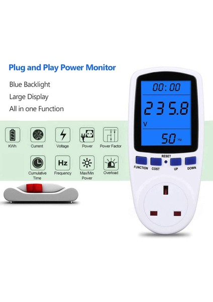 Sayaç Fişi Monitör Arka Işık LCD Ekran Kullanım Monitörü Tüketim Analizörü Gerilim Amper Birleşik Krallık Fişi (Yurt Dışından)