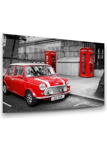 Kırmızı Araba ve Telefon Kulübesi Yatay Cam Tablo