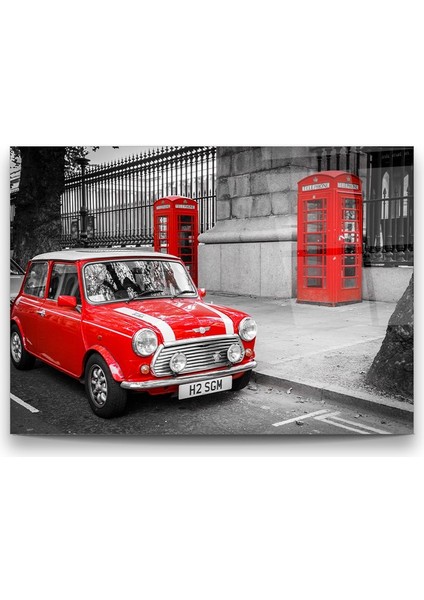 Kırmızı Araba ve Telefon Kulübesi Yatay Cam Tablo fiyatları
