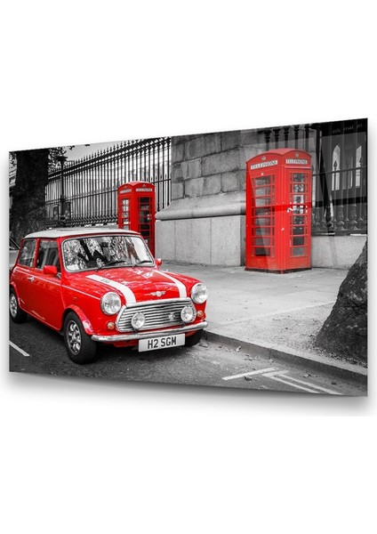Kırmızı Araba ve Telefon Kulübesi Yatay Cam Tablo modelleri