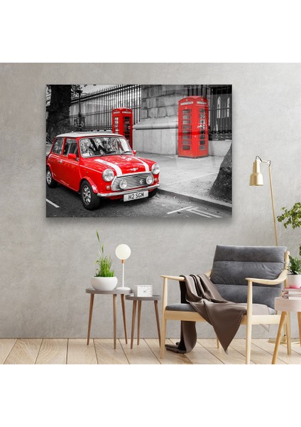 Kırmızı Araba ve Telefon Kulübesi Yatay Cam Tablo fırsatları