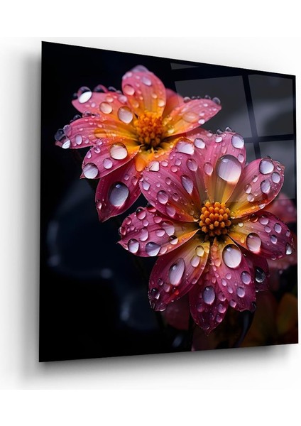 Çiçek ve Su Damlası Kare Cam Tablo