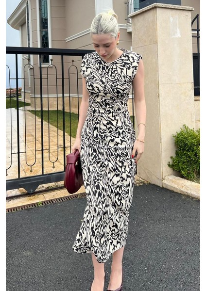 Krem Bisiklet Yaka Desenli Elbise MG2027 indirimleri