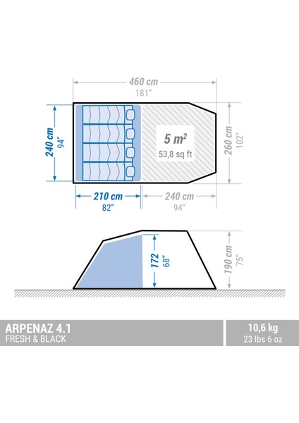 Quechua 4 Kişilik Kamp Çadırı - 1 Odalı - Arpenaz 4.1 Fresh & Black