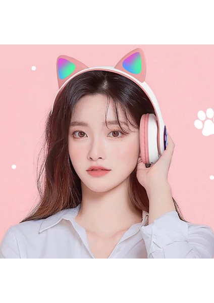 Kedi Tasarımlı LED Işıklı Mikrofonlu Bluetooth Kulaklık Kablolu Kablosuz Kulaküstü Siyah