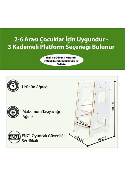 Ahşap Montessori Öğrenme Kulesi / 2-6 Yaş / Beyaz