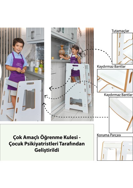 Ahşap Montessori Öğrenme Kulesi / 2-6 Yaş / Beyaz