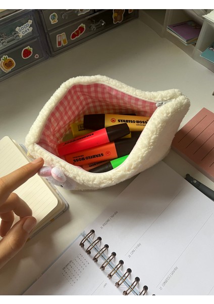 Pembe Tavşan Peluş Yıkanabilir Fermuarlı Pötikare Astarlı Bez Kalemlik Kalem Kutusu Makyaj Çantası