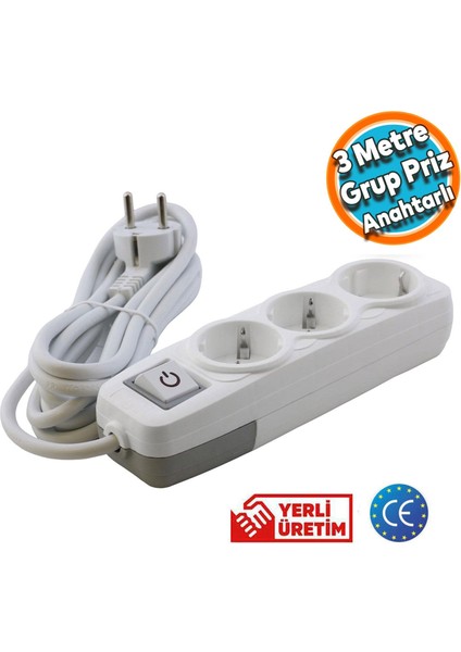 Anahtarlı Grup Priz 3'lü Topraklı 3 Metre Seyyar Ara Kablolu Uzatma Kablolusu Üçlü Piriz