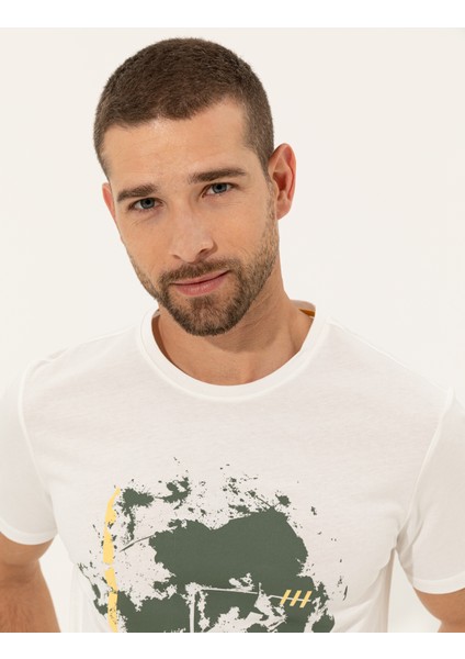 Erkek Ecru Slim Fit Bisiklet Yaka Tişört 50249353-VR019