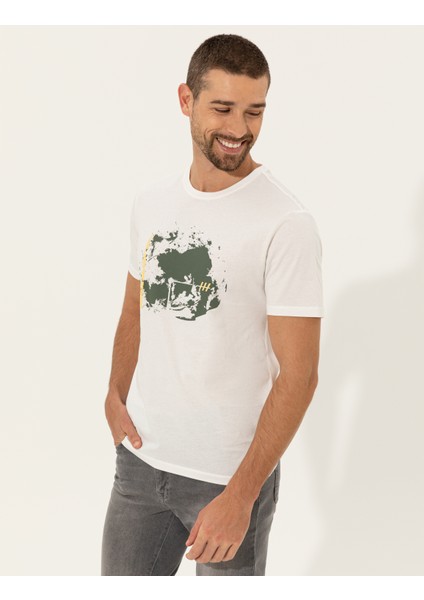 Erkek Ecru Slim Fit Bisiklet Yaka Tişört 50249353-VR019